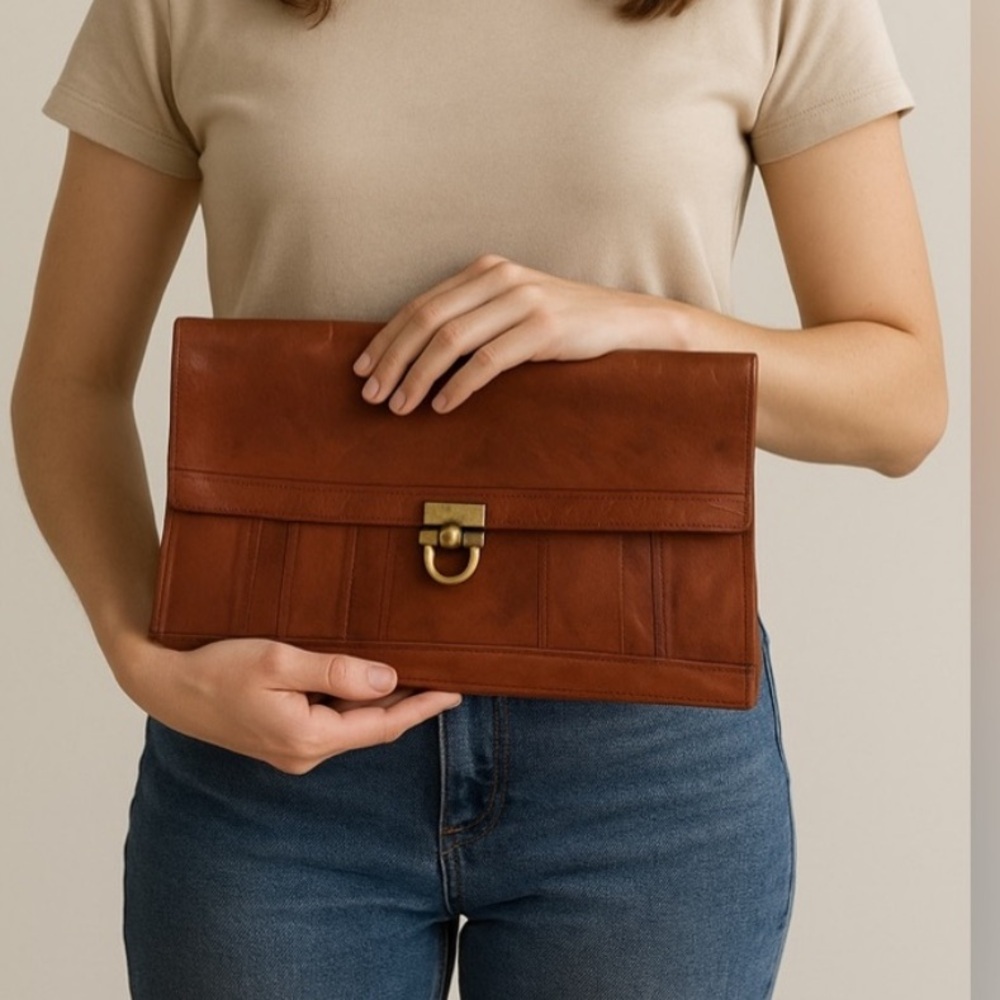 Vintage Leather Clutch Brown Brass Clasp Foldover Bag